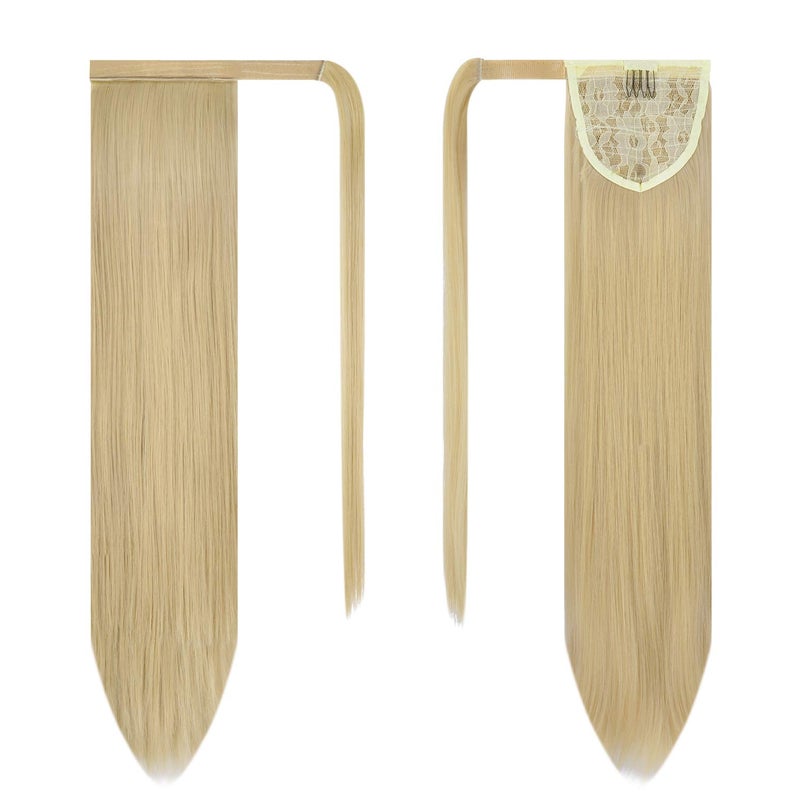 BARSDAR Light Blonde Straight Wrap Ponytail Extension - 24 Inch Long Straight Wrap Around Ponytails for Women, Clip in Ponytail Hair Extensions Synthetic Blonde Pony Tails Hairpieces - Image 2